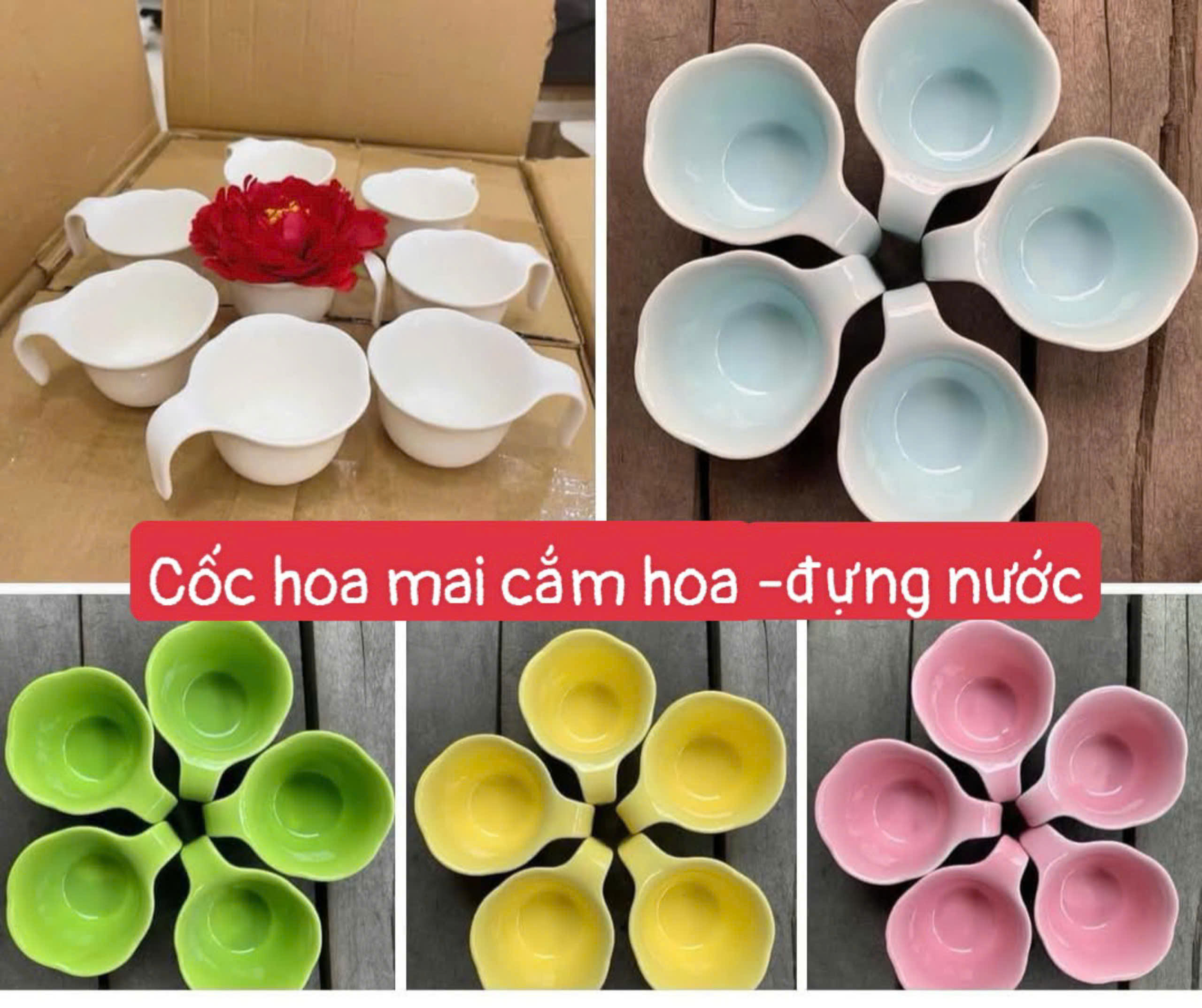 Cốc hoa mai, ly hoa mai cắm hoa, đựng nước decor mâm cúng, bàn trà màu hồng, vàng, xanh