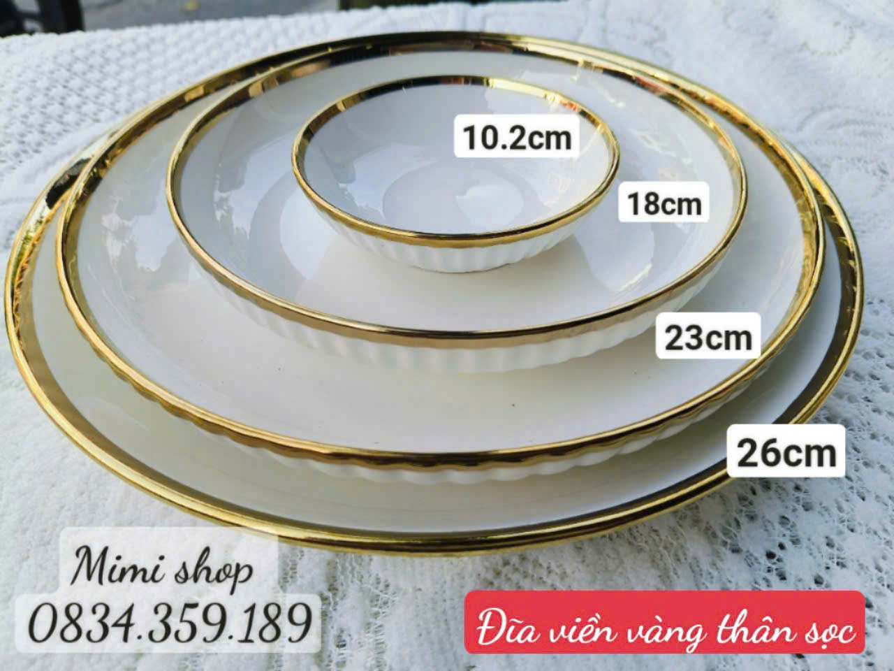 Đĩa tròn sứ viền vàng thân sọc nhiều cỡ 10cm, 18cm, 23cm, 26cm đựng bánh, xôi, thạch
