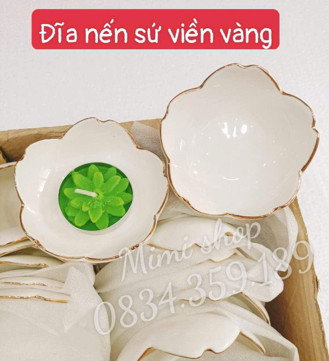 Đĩa đựng nến hoa mai viền vàng bày mâm cúng, trang trí bàn ăn