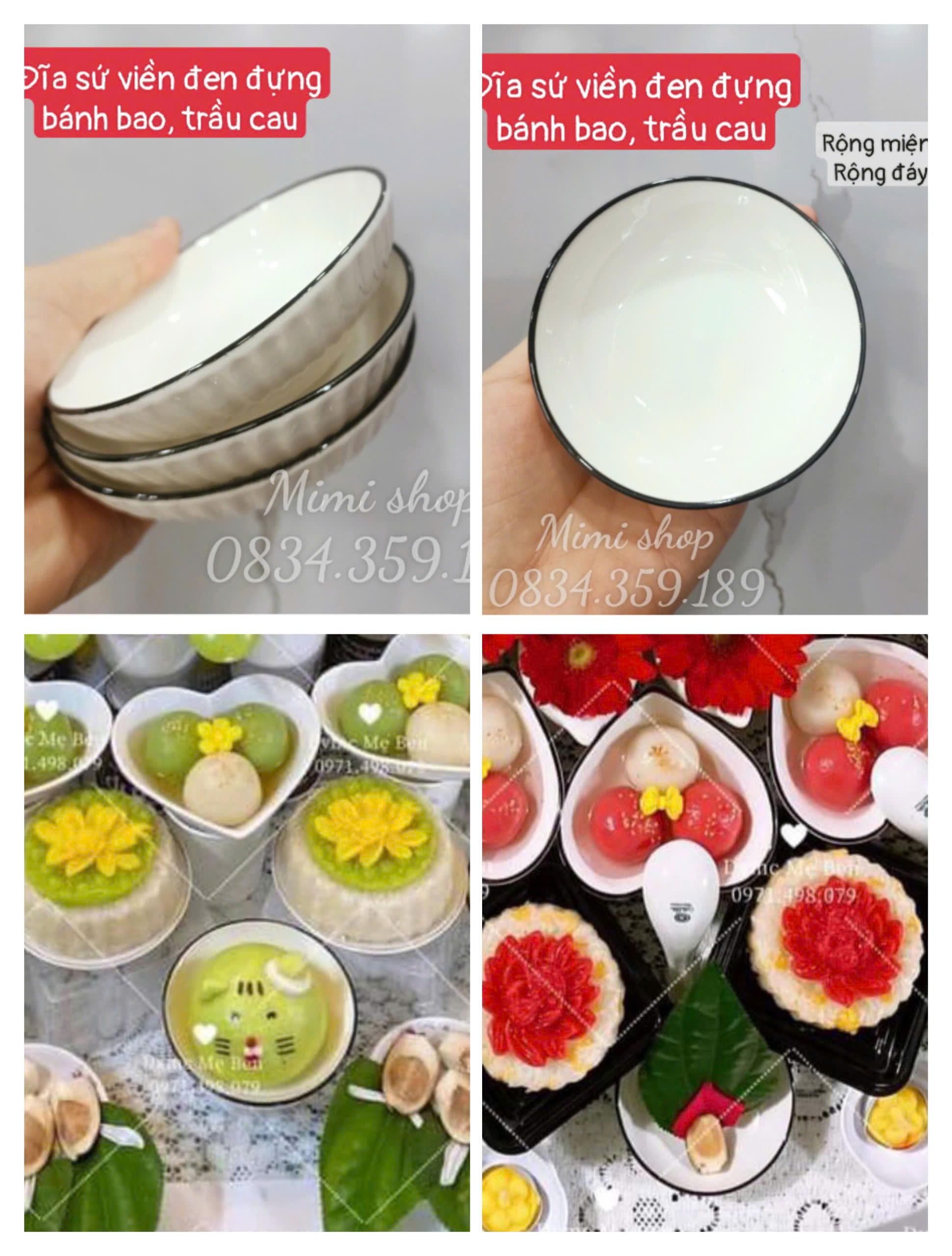 Đĩa tròn viền đen nhỏ rộng đáy 7,5cm đựng bánh bao, trầu cau bày mâm cúng, bàn tiệc