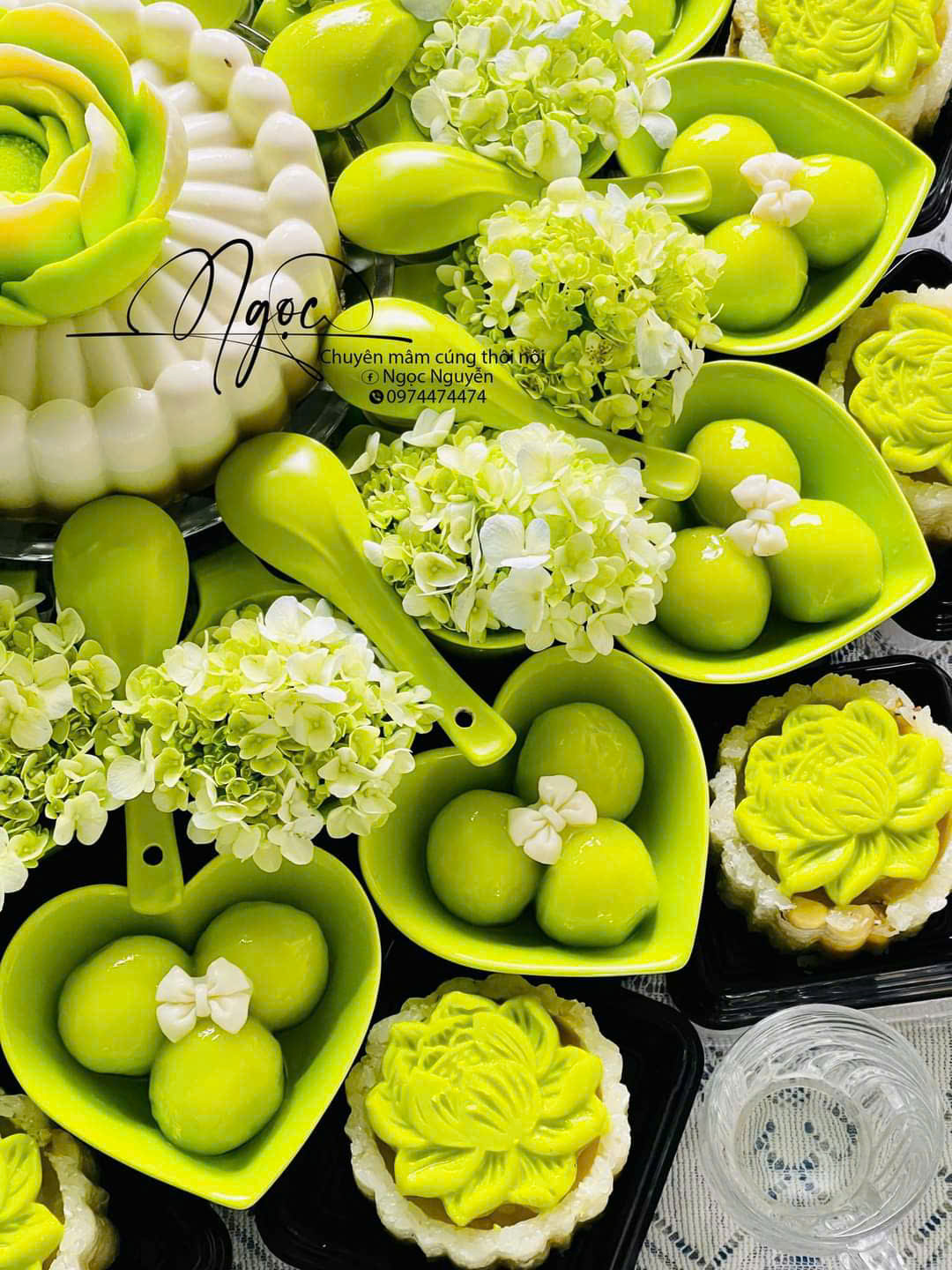 Bát tim sứ màu xanh lá đựng chè trôi bày mâm cúng, chén tim sứ decor bàn ăn