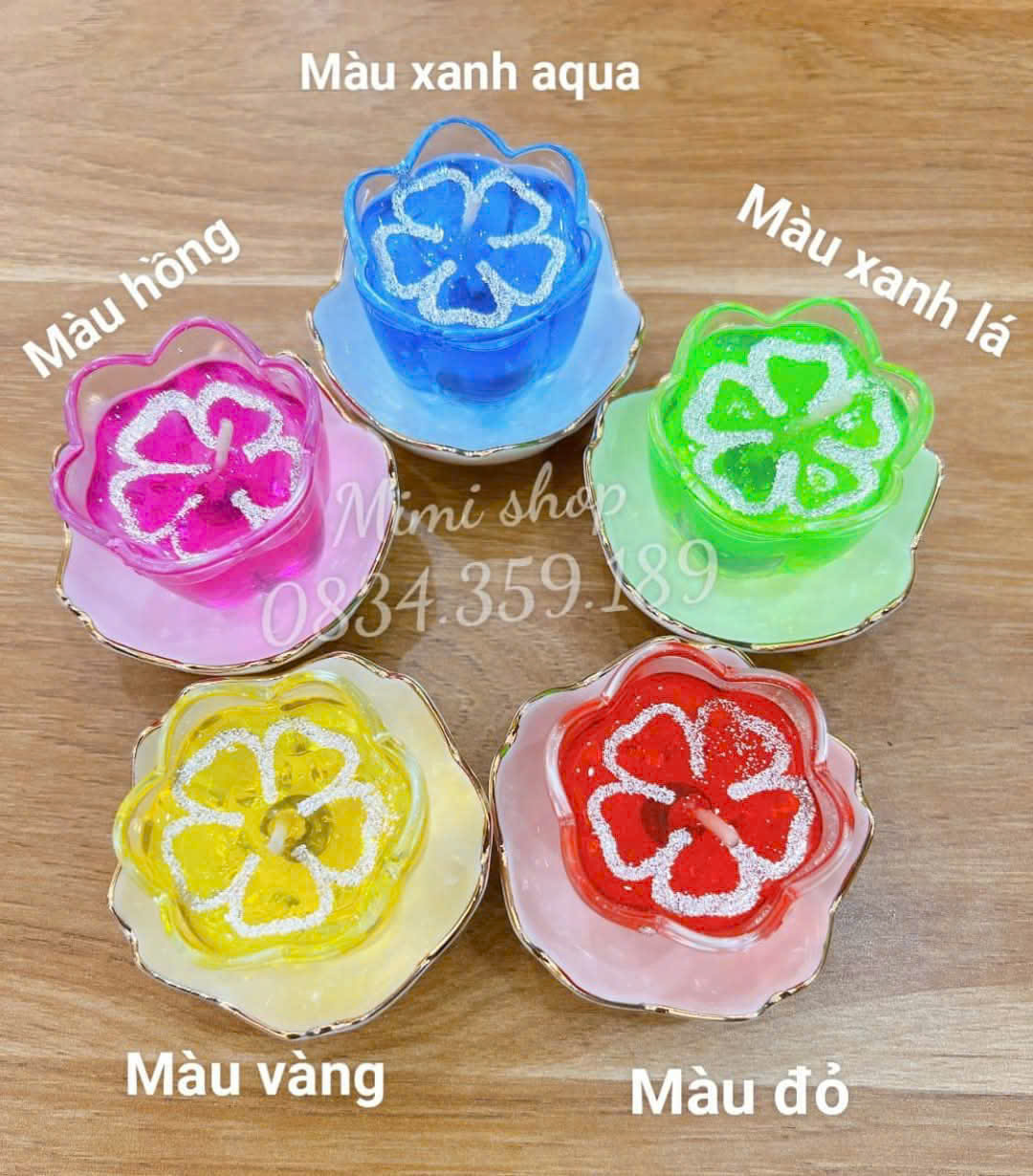 Nến ly hoa mai bày mâm cúng- nến gel nhũ hoa trắng