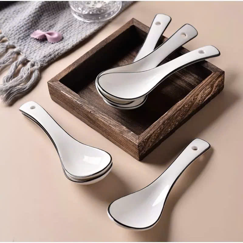 Thìa sứ, muỗng sứ trắng viền đen decor mâm cúng, bàn tiệc